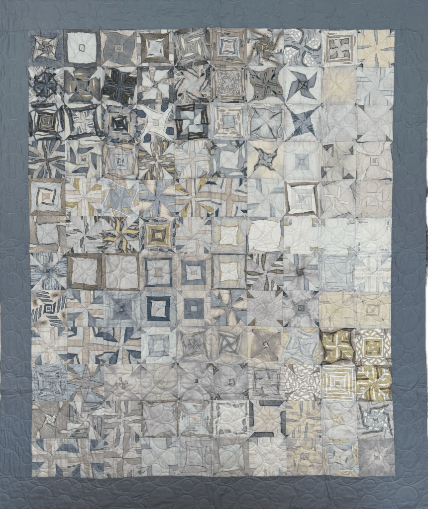 Constructed from one piece of fabric, overlaid on pattern repeats 4 times, and cut in squares and then 4 triangles and reassembled. Pinwheels and squares emerged to make a graphic composition.